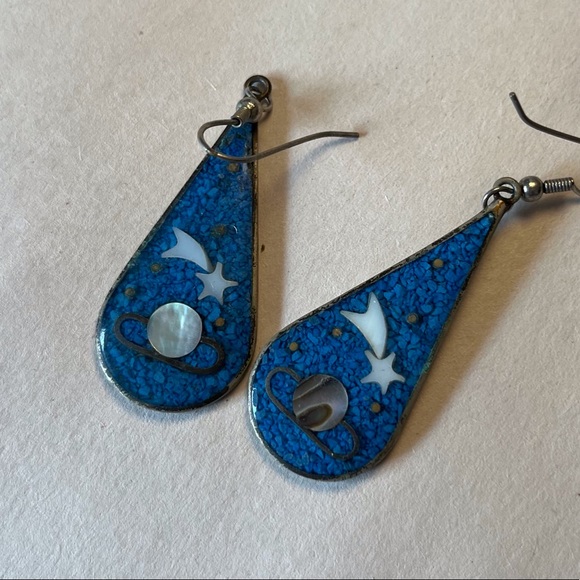 Mystical Blue Stars Moon & Stars Abalone Mother of Pearl Earrings - Picture 2 of 2